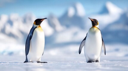 Fototapeta premium Two Emperor Penguins Standing on an Icy Landscape in Antarctica