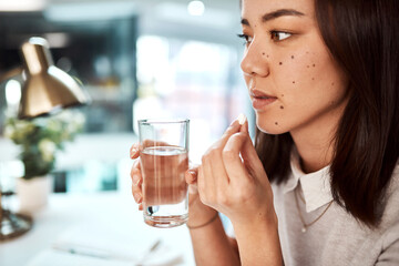 Business, tablet and woman in office, water and healing with supplements for vitamins. Employee, professional and journalist in workplace, liquid and health with prevention, medicine and remedy
