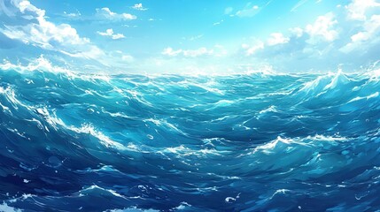 Fototapeta premium Ocean Waves Under a Bright Blue Sky with Fluffy White Clouds