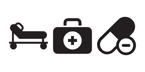 Hospital Equipment Icons Collection. Consisting of a Patient Bed, First Aid Box, and Pills.