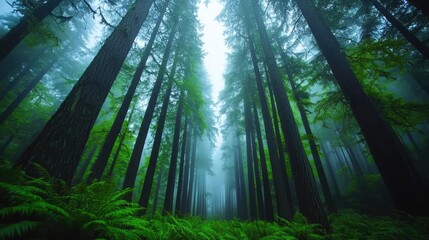 Fototapeta premium A serene forest landscape shrouded in mist, showcasing towering trees and lush greenery.