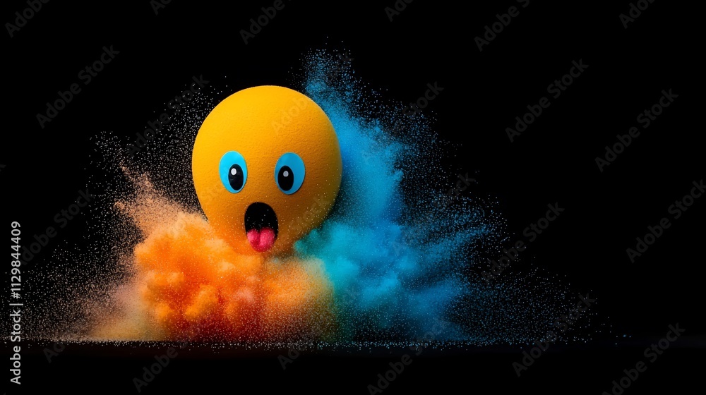Poster surprised emoticon exploding in colorful powder.