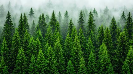 Lush green trees in a misty forest, showcasing nature's serene beauty and tranquility.