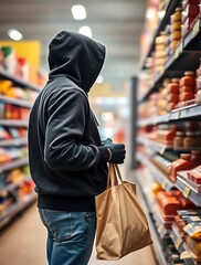 Hooded figure carrying a large bag while moving through a store aisle, illustrating shoplifting or theft in a retail environment