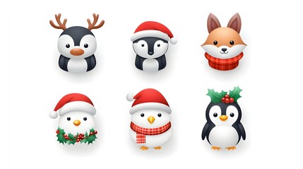 Christmas Animal Icons: Six adorable Christmas animal icons, perfect for festive branding and design, featuring a penguin, reindeer, fox, and bird, all dressed in cozy winter attire.
