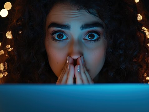 Woman with wide-eyed expression and hands covering her mouth, illuminated by computer screen glow in a dark room