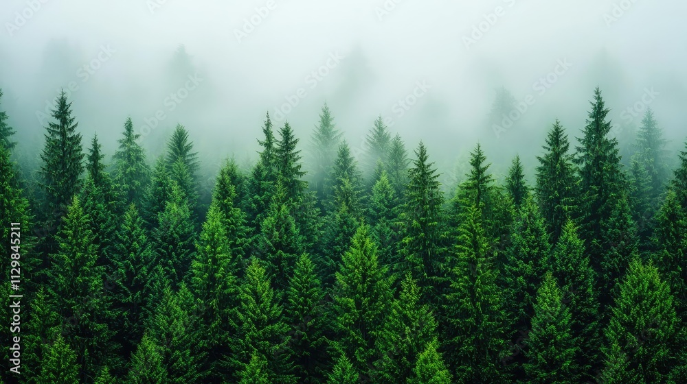 Poster lush evergreen trees in a misty forest create a serene and tranquil atmosphere.