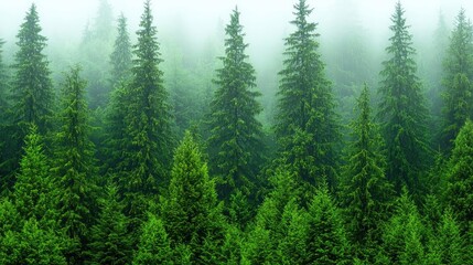 Obraz premium A serene forest landscape shrouded in mist, showcasing lush green pine trees.