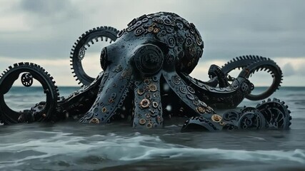 Mechanical Octopus Emerging From Sea