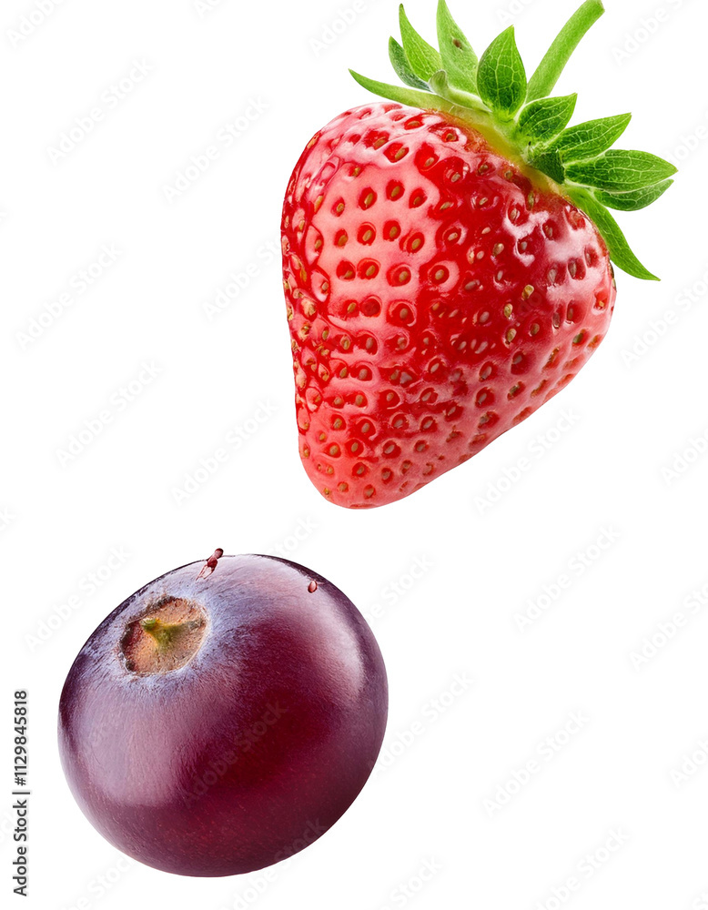 Wall mural falling grape and strawberry isolated on white background with full depth of field highlighting juic