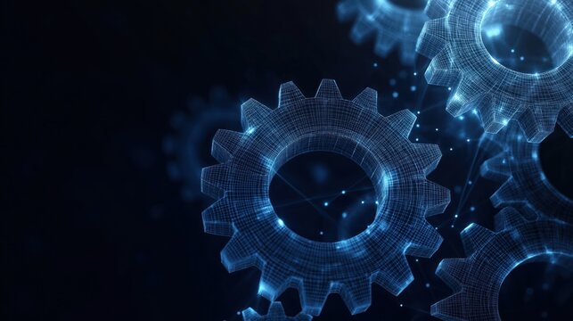 Abstract digital gear wheels in dark background. Polygonal mesh design with dots, lines. 3D rendering of futuristic tech gears. Advanced tech machine engineering. Futuristic mechanical system. Modern