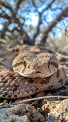 Fototapeta premium Its tense body and raised rattle signaled alertness and danger.