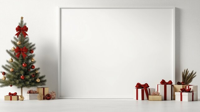 Christmas mock-up photo frame with decorations. Small Christmas tree with red, gold ornaments, red bows. Presents with red ribbons, gold accents next to tree. Blank white photo frame perfect for