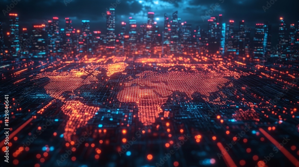 Poster blockchain technology enabling transparency in global transactions against a city skyline backdrop