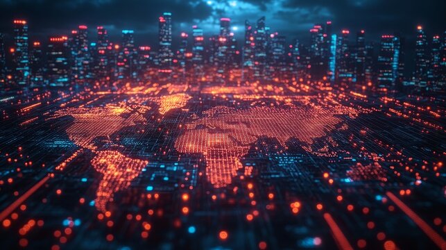 Blockchain technology enabling transparency in global transactions against a city skyline backdrop