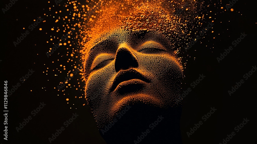 Poster abstract face dissolving into golden particles.