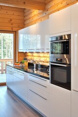 Fototapeta premium Modern White Kitchen in a Log Cabin Home