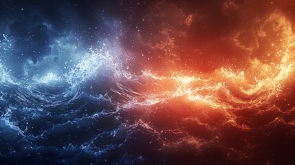 Fototapeta premium Abstract cosmic artwork depicting fiery and icy waves, contrasting colors and textures.