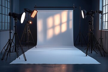 Pro photo studio setup with white seamless backdrop, professional lighting equipment. Soft shadows create clean uncluttered composition with negative space. Ideal for product fashion photography.