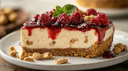 Slice of peanut butter jelly pie with berries on top