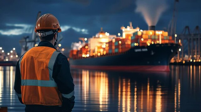 Dockworker Overlooking Nighttime Cargo Ship Operations