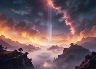 A shimmering veil of light and mist suspended in the air, gossamer, haze