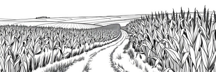 Hand-drawn vector illustration of a cornfield with a road between fields, hand drawn, growth