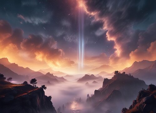 A shimmering veil of light and mist suspended in the air, gossamer, haze