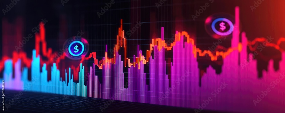 Poster currency value concept. vibrant financial market data visualisation with dynamic graphs and colorful