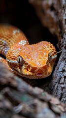 Fototapeta premium Orange-hued viper camouflaged in tree bark