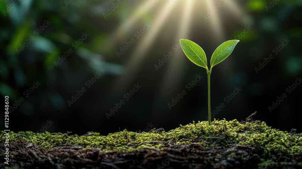 Aufkleber a tiny green sprout emerging from soil under soft rays of sunlight.
