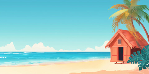 Realty banner. View of nice empty sandy beach with some tropical hut. Banner, lots of copy space. 