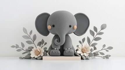 Cute grey elephant figurine with flowers and leaves.