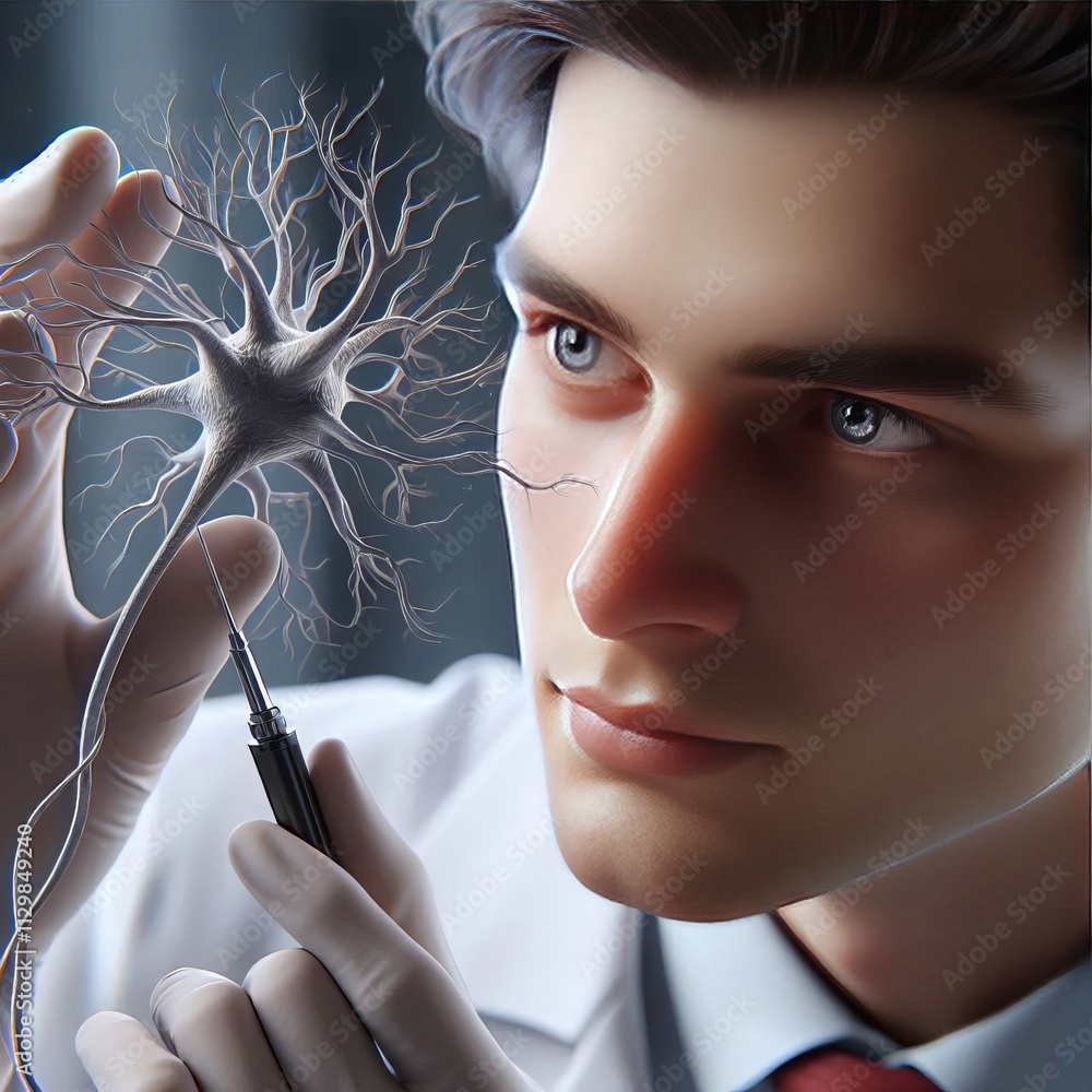 Poster a young scientist meticulously analyzes a neuron using a precision tool in a laboratory, representin