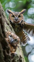 Obraz premium Owls perched on a tree, one in flight