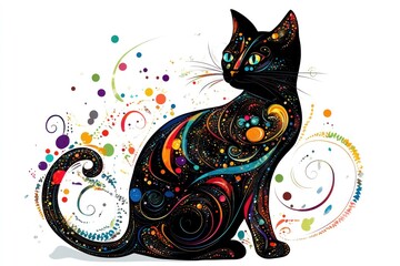 Colorful Cat Silhouette with Abstract Swirls and Dots