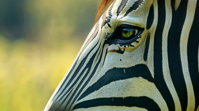 Close-up of zebra with detailed stripe pattern and green eye, safari photography concept