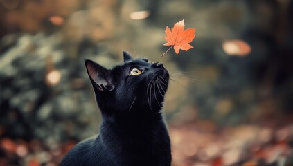 Black Cat Watching a Falling Autumn Leaf