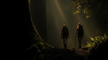 Two hikers silhouetted by sunlight in a dark forest.