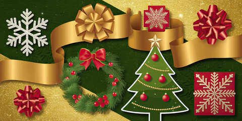 Festive Christmas Design Gold Ribbons Bows Wreath Tree