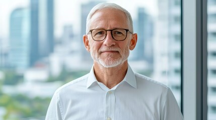 Mature businessman, confident gaze, city backdrop, Success and leadership embodied