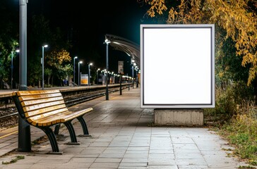 Nighttime train station with blank billboard urban setting photography calm environment wide angle marketing concept