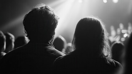 A medium close-up of concertgoers from behind, their heads and shoulders lit by vibrant light beams in a fog-filled arena, conveying a sense of unity and anticipation