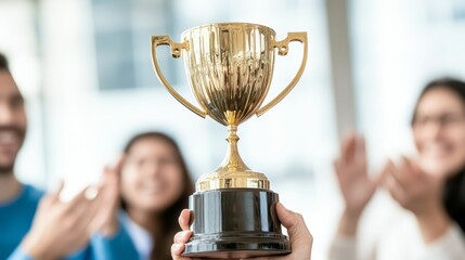 Team Triumph, Celebrating Success with a Golden Trophy, A moment of shared joy and accomplishment