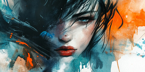 Fototapeta premium A bold and expressive watercolor portrait of a woman, her gaze intense and captivating, set against a backdrop of vibrant colors and abstract shapes.