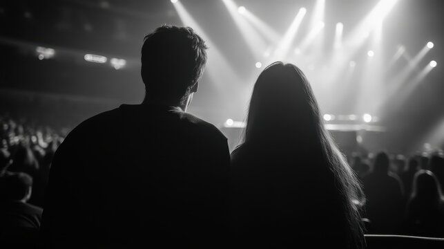 A medium close-up of concertgoers from behind, their heads and shoulders lit by vibrant light beams in a fog-filled arena, conveying a sense of unity and anticipation