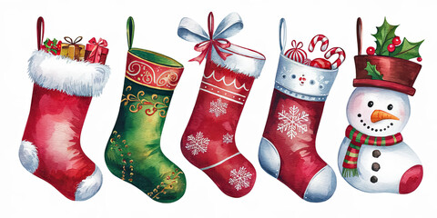 Festive Christmas Stockings Snowman Gifts Candy Canes Watercolor Illustration