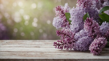 Purple lilac flowers branch on rustic white wash wood board mockup table surface with green bokeh background