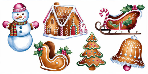 Festive Watercolor Christmas Gingerbread Collection Snowman House Tree Sleigh Bell