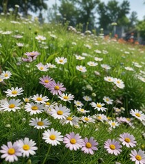 Fototapeta premium Delicate flowers of gatassaniye and pyrethrum in a lush green garden on the grassy lawn, green grass, garden decor, nature
